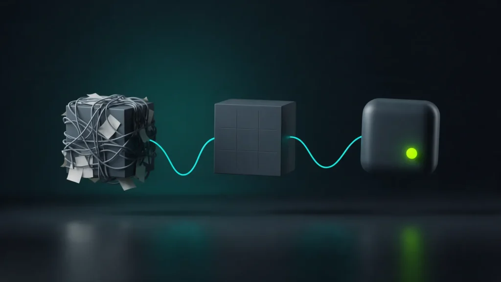Tres bloques: uno enredado de cables y papeles, otro simplificado y uno limpio con una luz verde